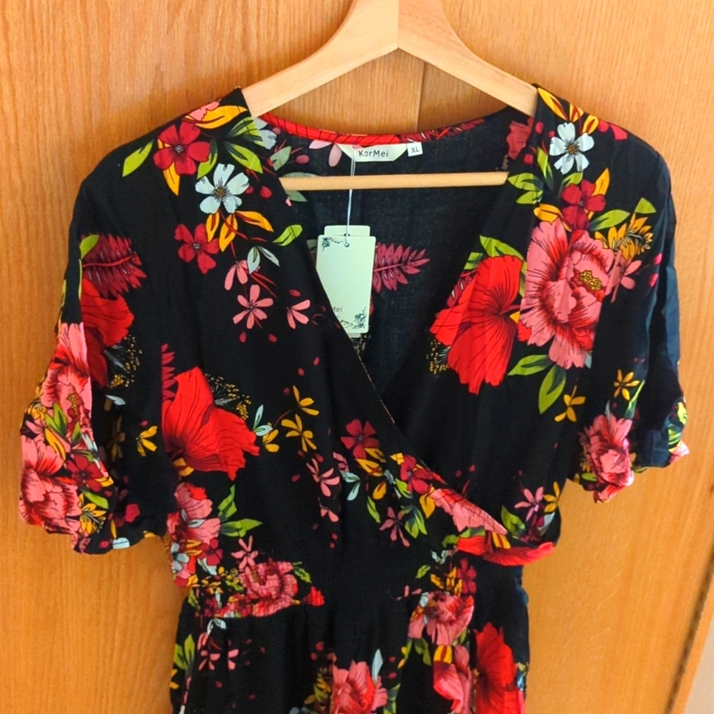 Kormei Womens Short Sleeve Floral High Low V-Neck Flowy Party Long Maxi Dress XL